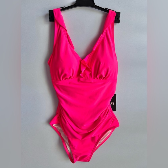 DKNY Ruffle Plunge Underwire Tummy Control One-Piece Swimsuit